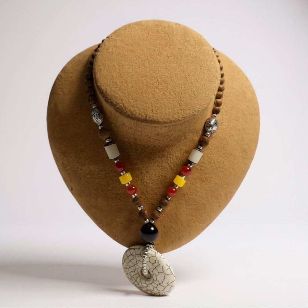 Boho Beaded Necklace with Large Stone Donut Pendant – Tribal Statement